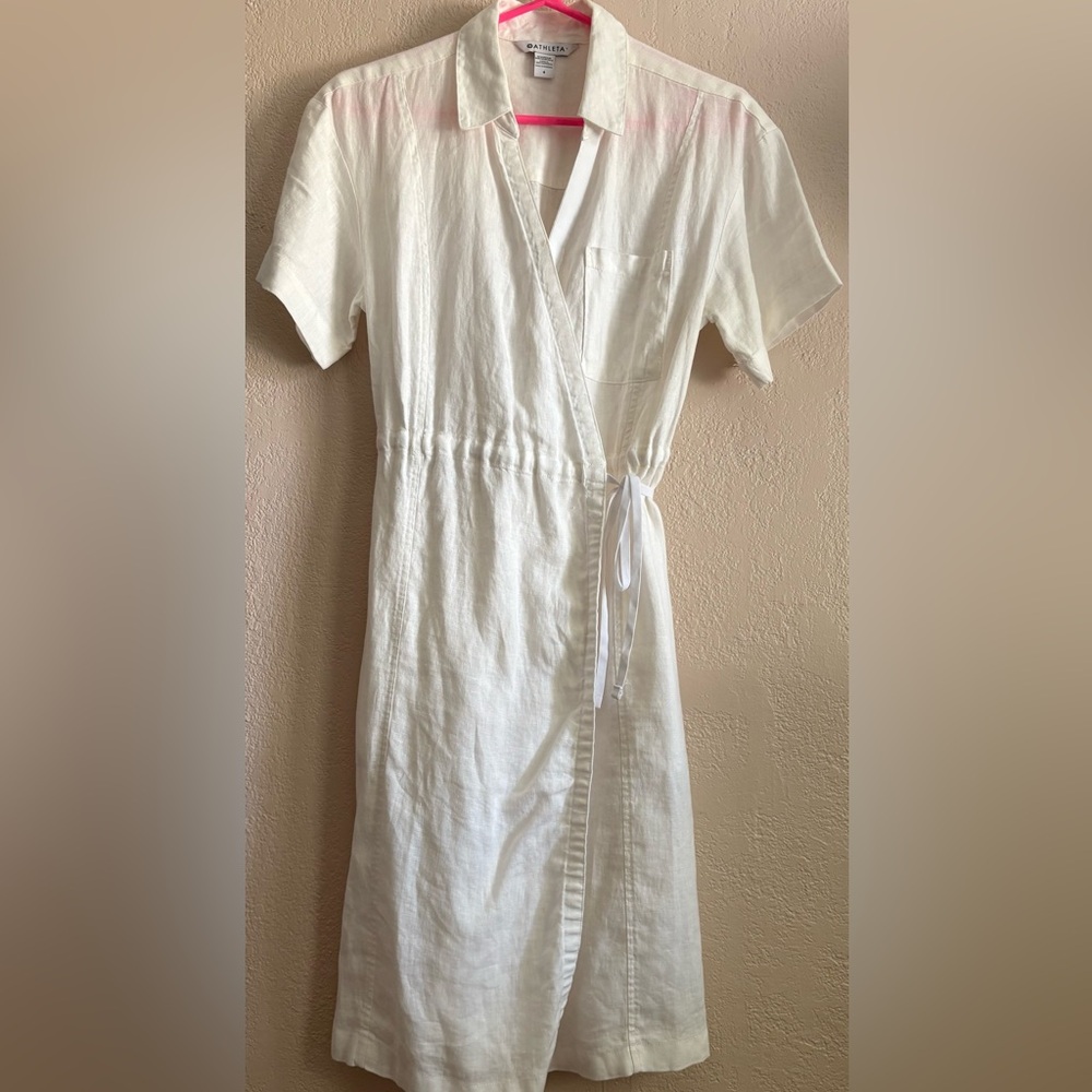 Athleta white linen wrap dress.